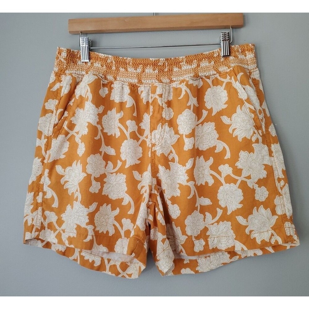 Briggs Brown White Floral Linen Blend Pull On Elastic Waist Shorts Womens Large